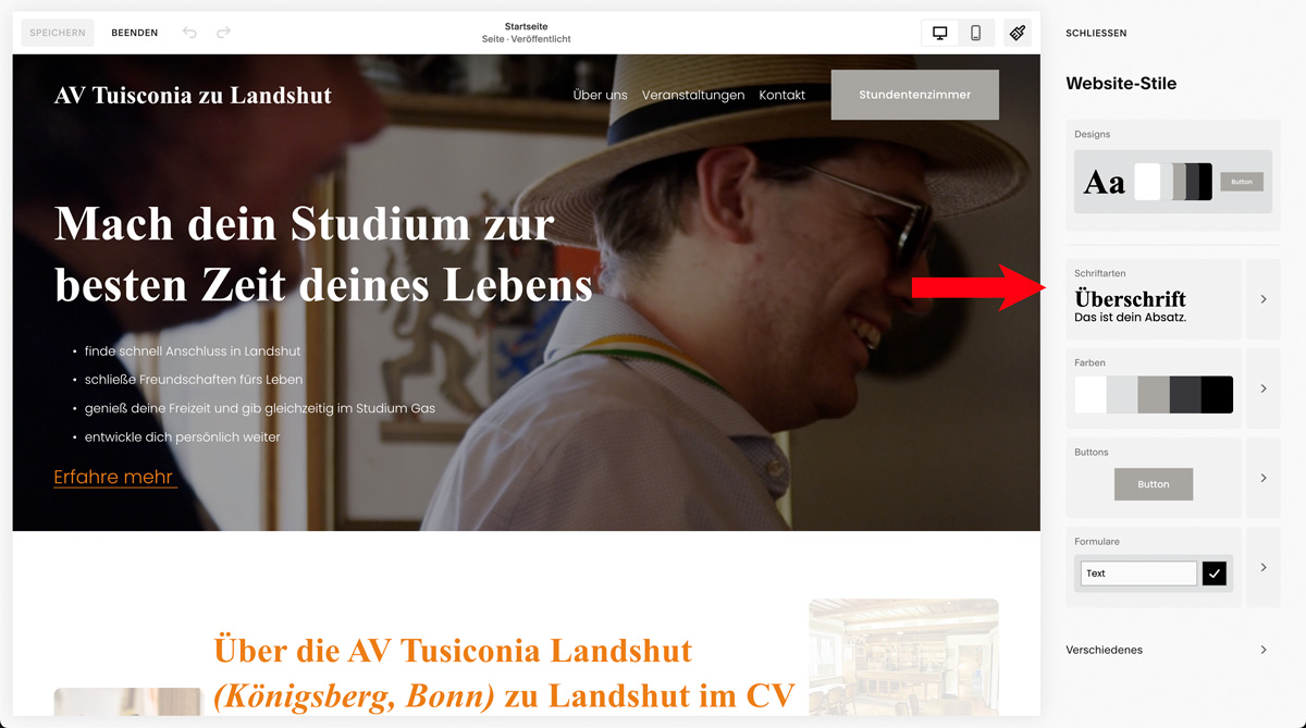 Beispiel der Benutzeroberfläche von Squarespace