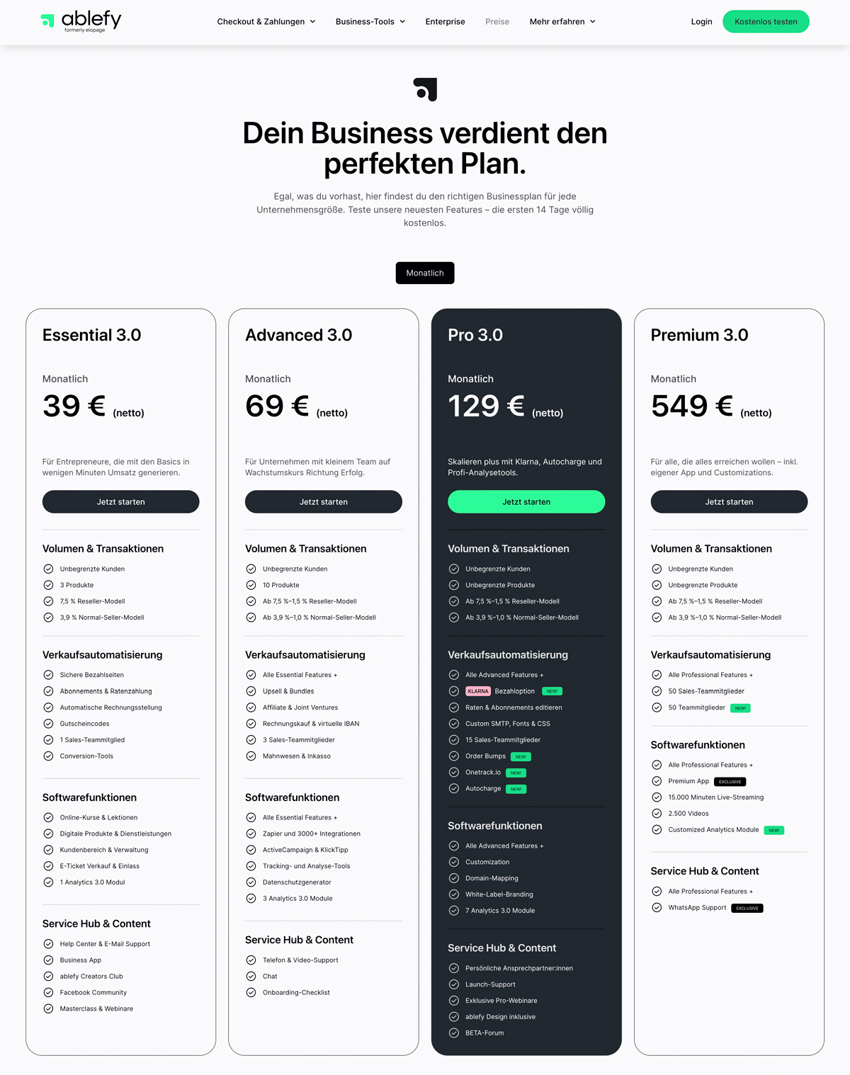 Verschiedene Preisepakete von Ablefy