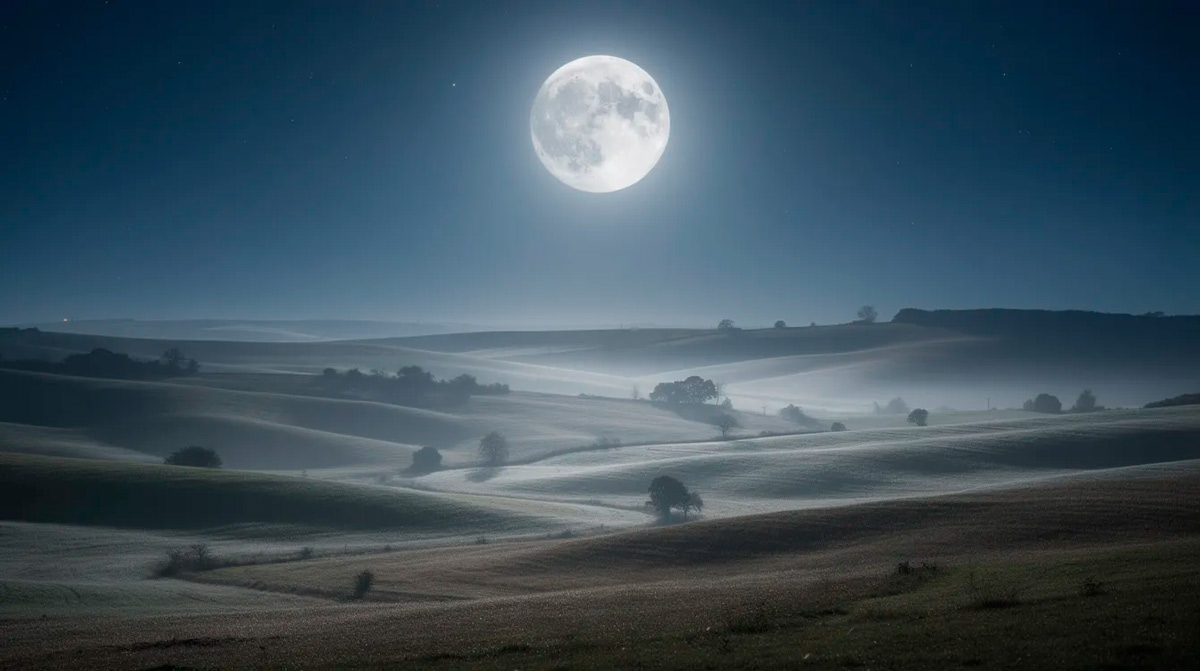 Strahlender Vollmond über einer ruhigen Landschaft mit sanften Hügeln als Symbol für Stille, Klarheit und innere Reflexion