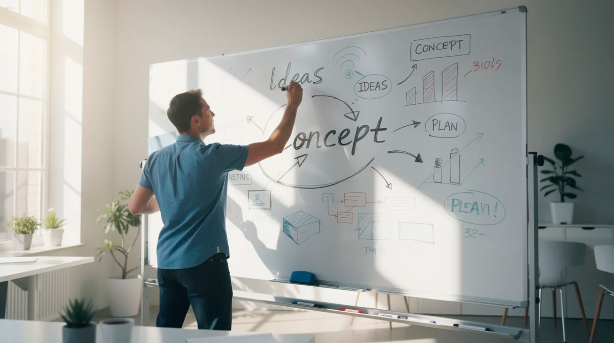Human Design Manifestor entwickelt energisch kreative Ideen am Whiteboard und symbolisiert Initiativkraft, Selbstständigkeit und visionäres Handeln