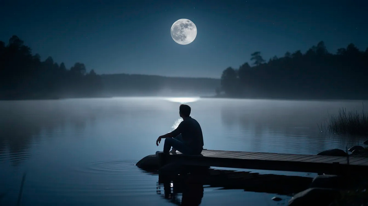 Eine Person sitzt abends ruhig an einem stillen See mit Mondspiegelung und symbolisiert innere Ruhe, Reflexion und Achtsamkeit
