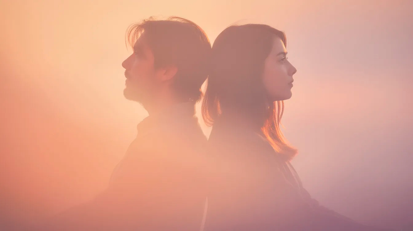 Zwei Personen sitzen Rücken an Rücken im warmen Licht und symbolisieren emotionale Nähe, harmonische Verbindung und Vertrauen