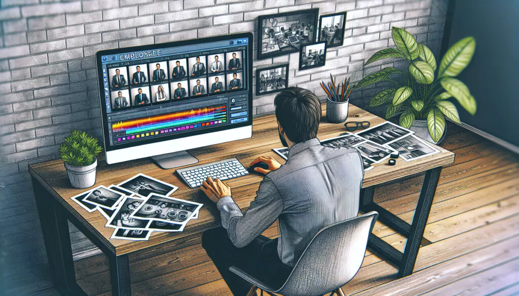 Nachbearbeitung von Mitarbeiterfotos am Computer.