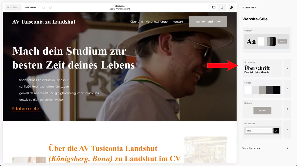 Beispiel der Benutzeroberfläche von Squarespace