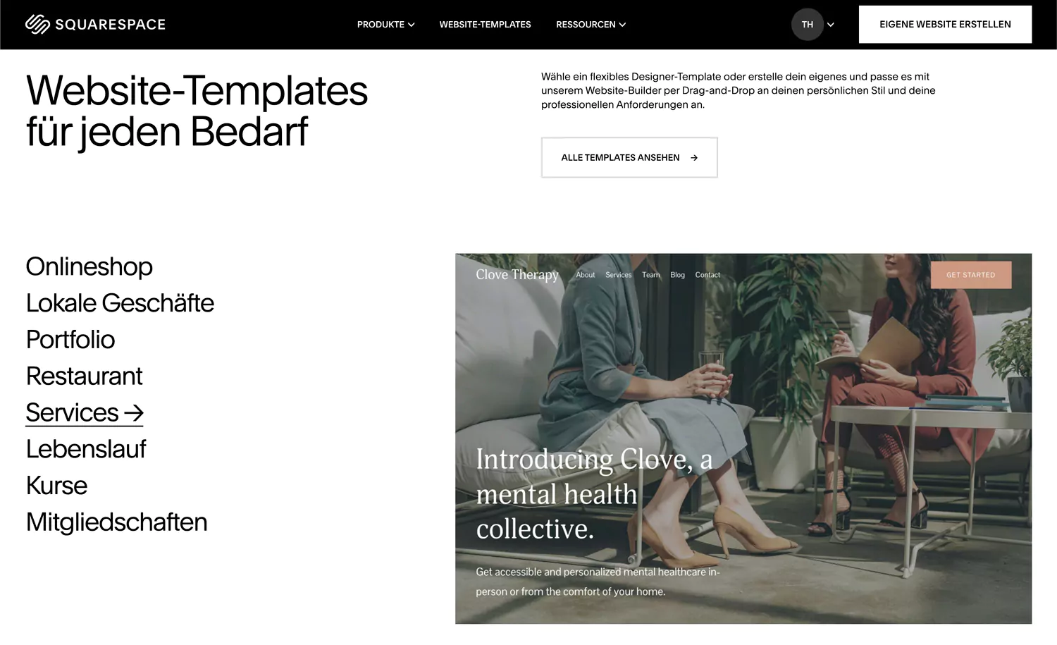 Verschiedene Templates von Squarespace