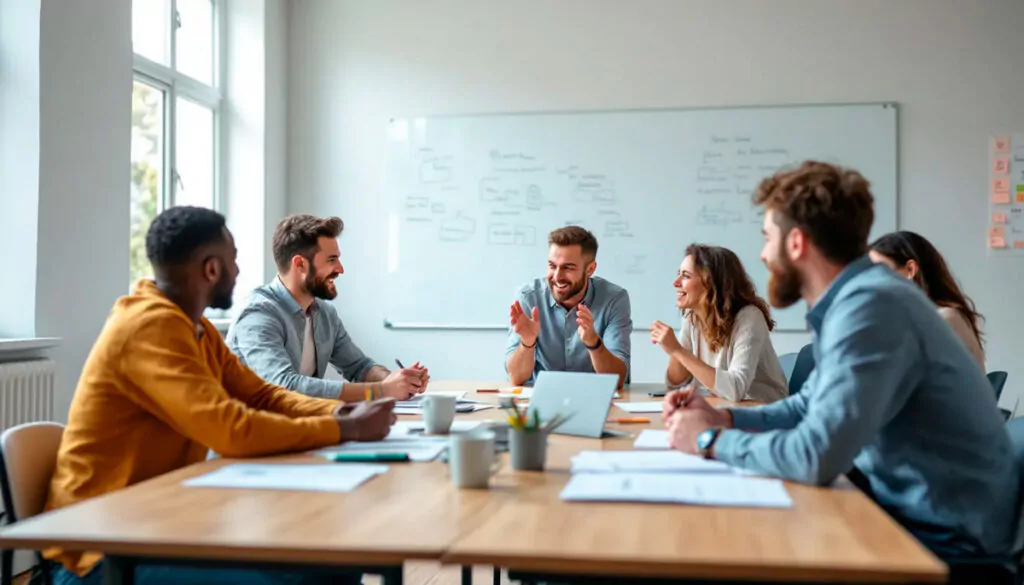 In-einem-Seminarraum-führen-verschiedene-Personen-kreative-Aufstellungsarbeiten-durch,-wobei-sie-in-einem-Prozess-der-systemischen-Beratung-ihre-Rollen-innerhalb-des-Familiensystems-erkunden