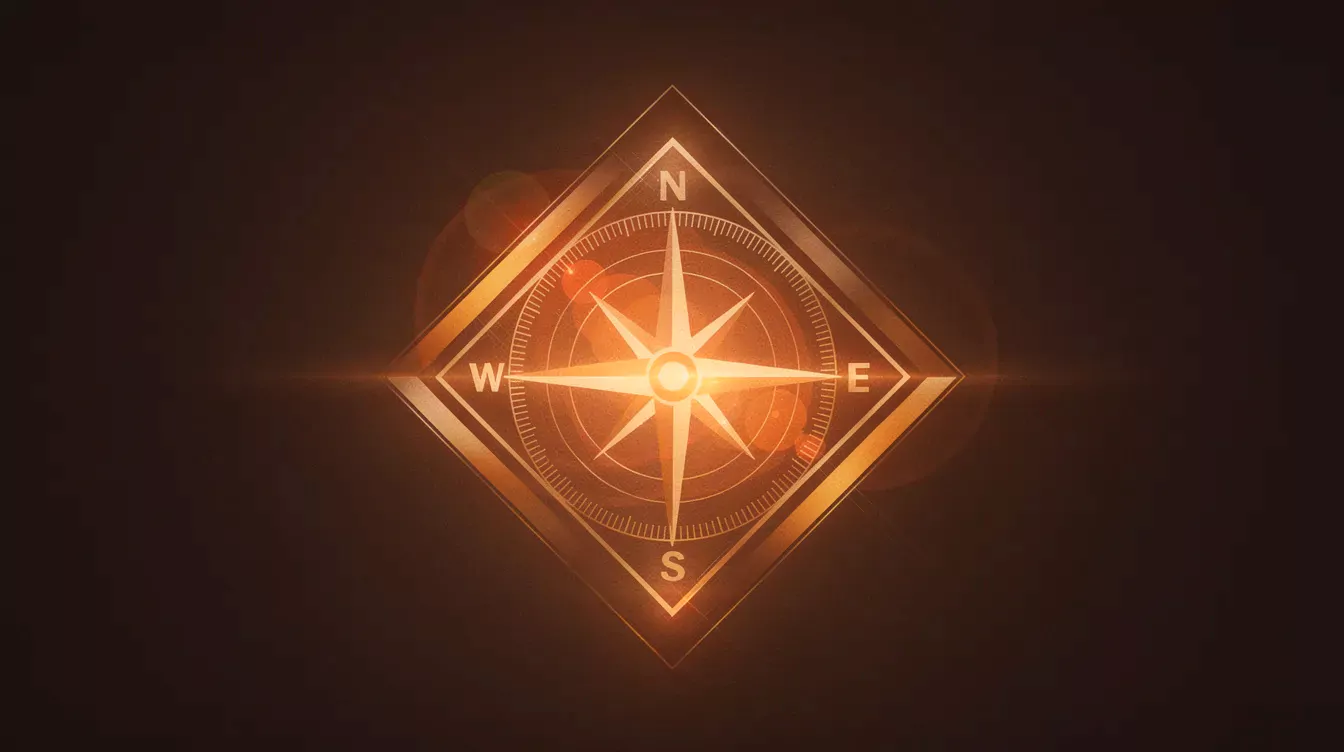 Abstrakter geometrischer Kompass in Rautenform mit warmem Licht als Symbol für Orientierung, Klarheit und Identität