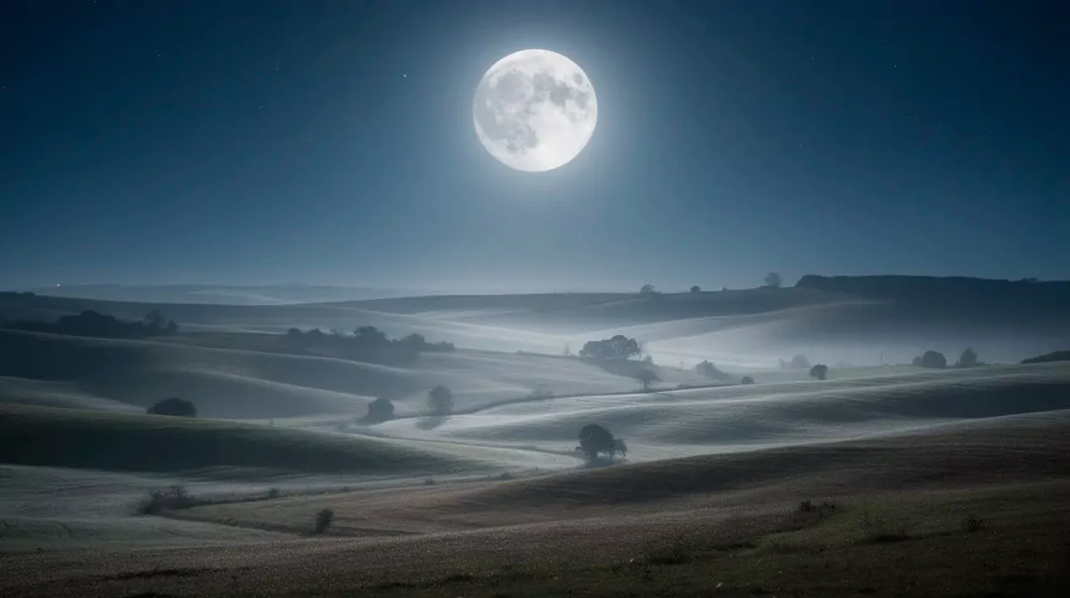 Strahlender Vollmond über einer ruhigen Landschaft mit sanften Hügeln als Symbol für Stille, Klarheit und innere Reflexion