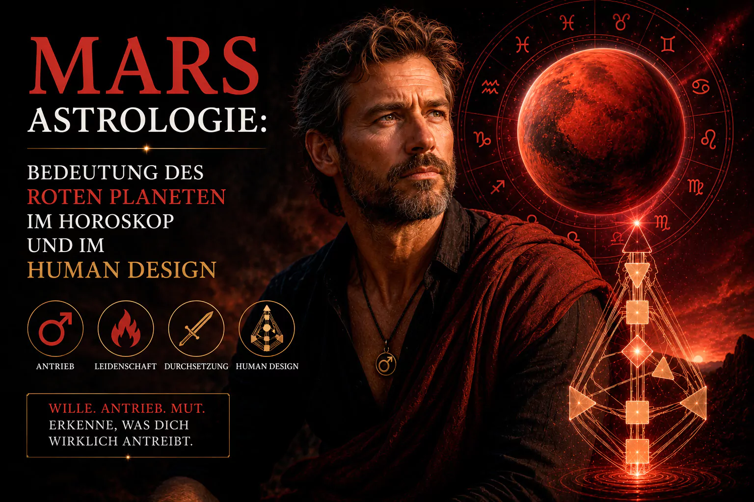 Mars in der Astrologie erklärt: Bedeutung für Antrieb, Durchsetzungskraft, Sexualität, Konflikte sowie seine Wirkung im Horoskop und Human Design