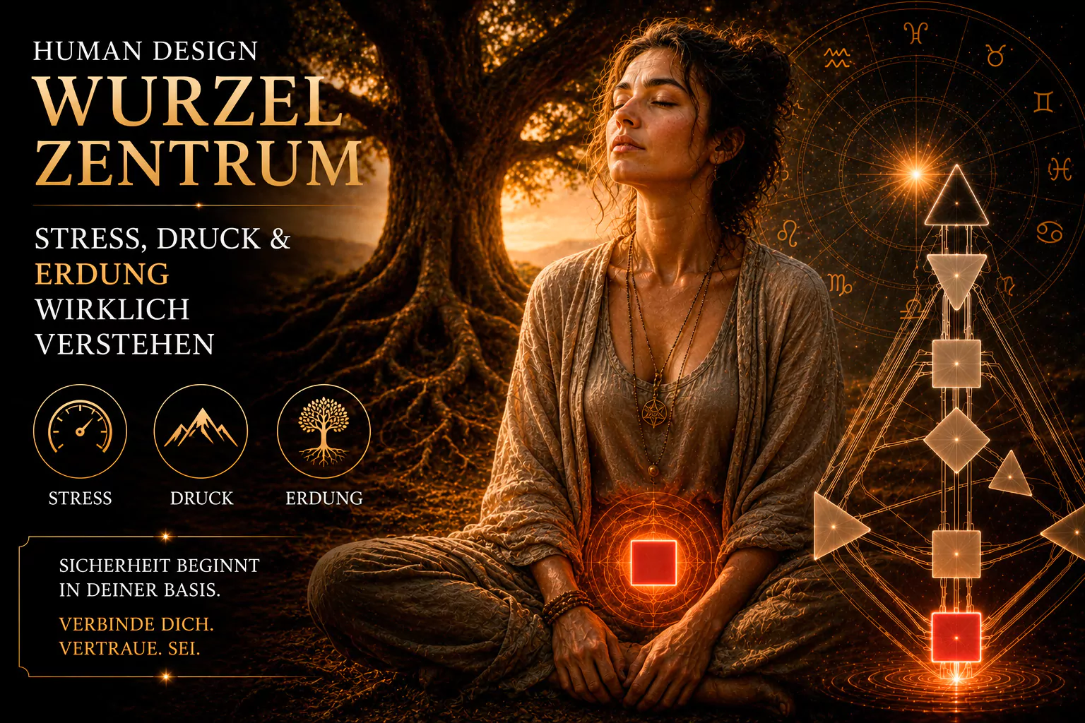 Human Design Wurzelzentrum erklärt: Stress, Druck, Antrieb, Erdung und den gesunden Umgang mit innerer und äußerer Belastung verstehen